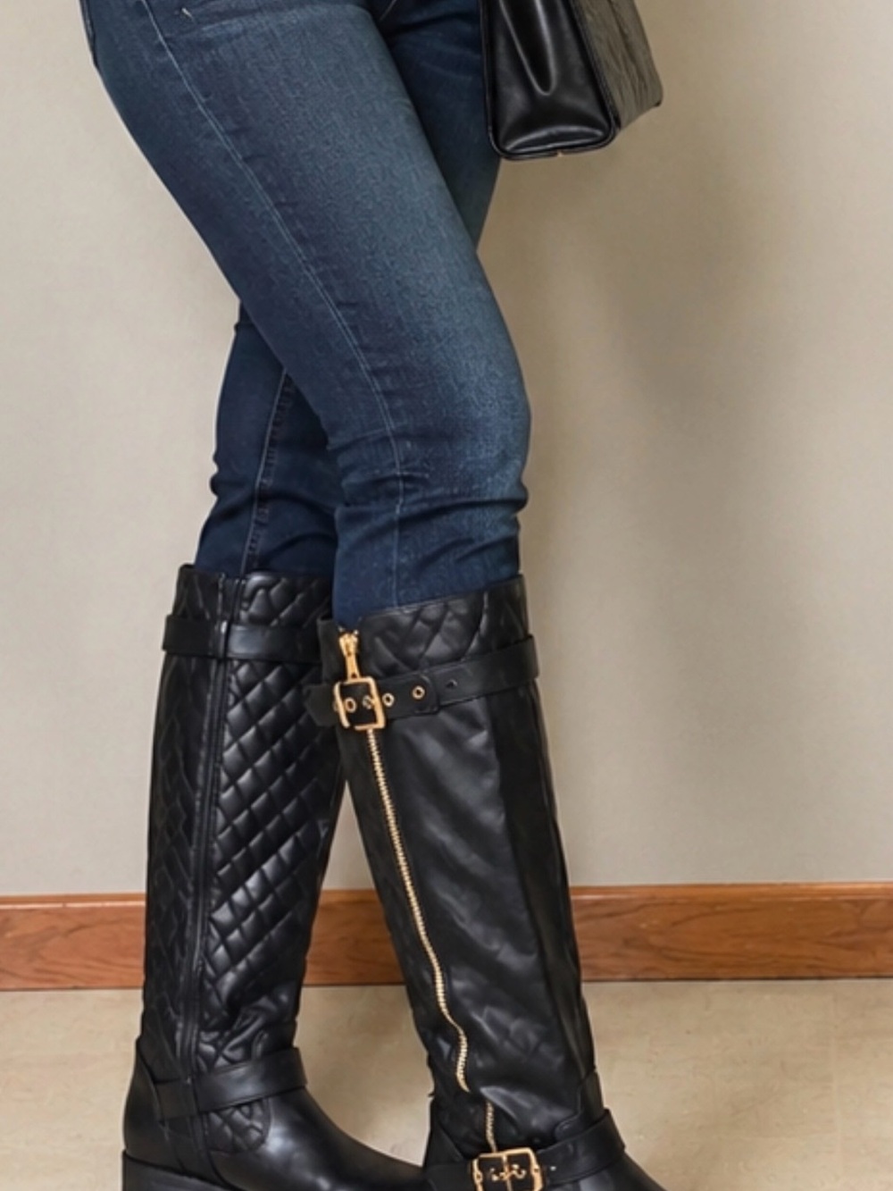 Forever 21 Black Quilted Riding Knee Boots with Gold Hardware